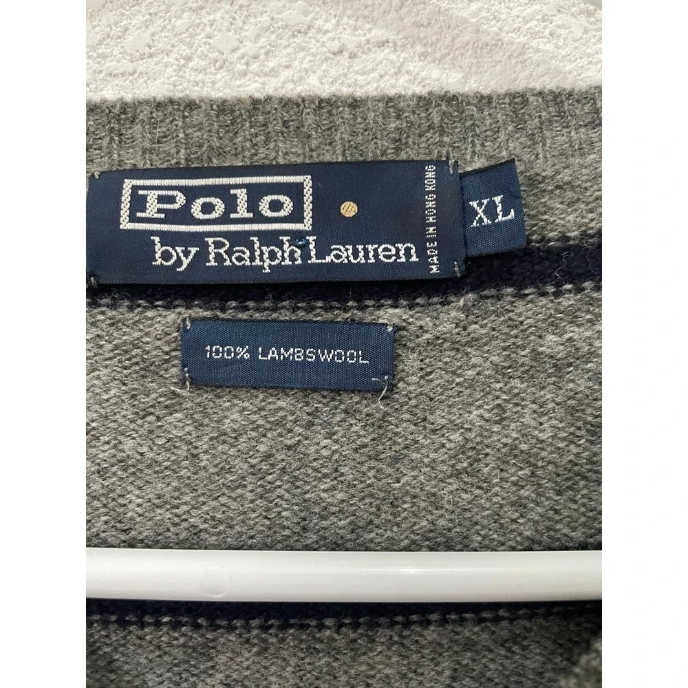 Polo Ralph Lauren Mens‎ XL Lambswool Striped Sweater Gray Blue Pony Logo